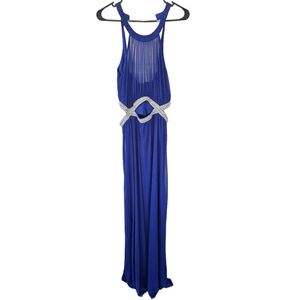 Speechless Elegant Blue Halter Gown w/Silver & Pearl Accents Cutout Design Sz 13